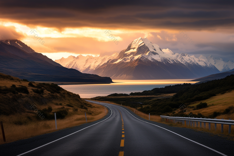 夕阳下在雪山公路上行驶的背景,高清,摄影图,摄影图片,图片大全,摄影图免费下载